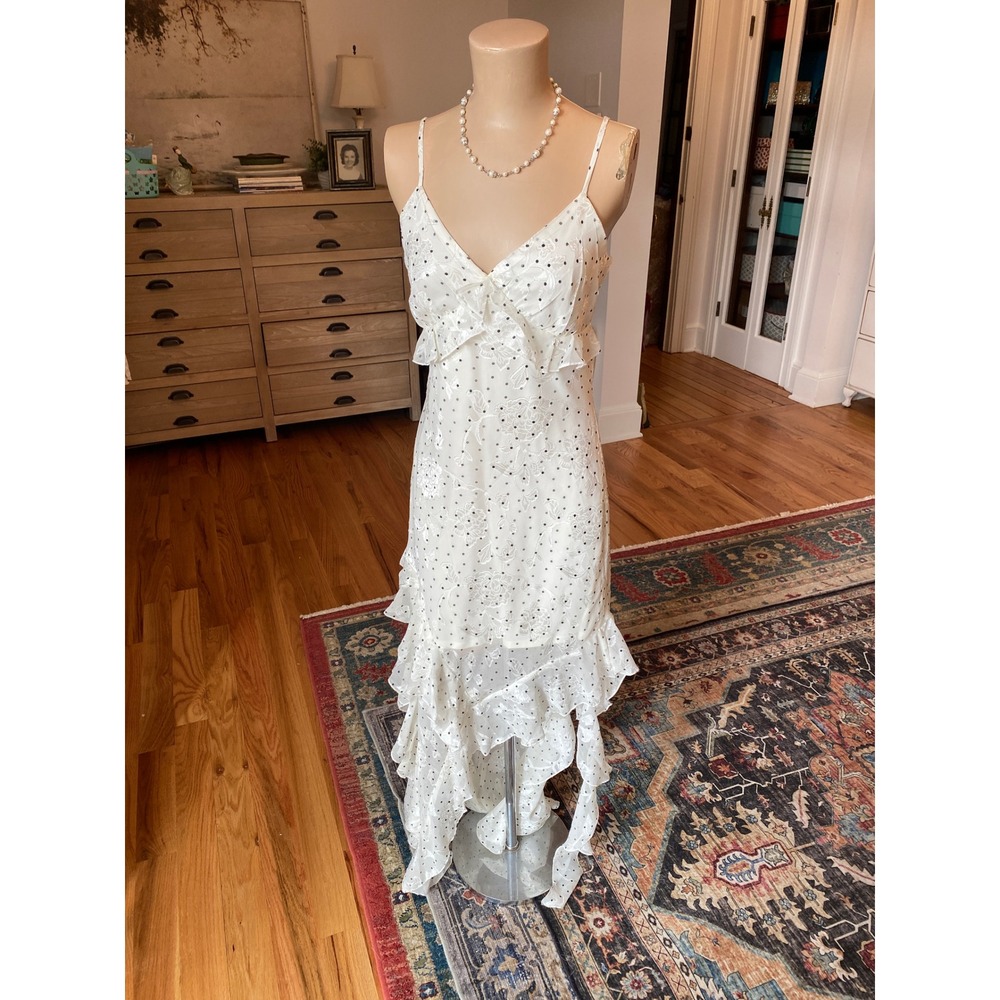 Lucky‎ Brand White Floral Burnout Polka Dot Ruffle High Low Slip Dress - L